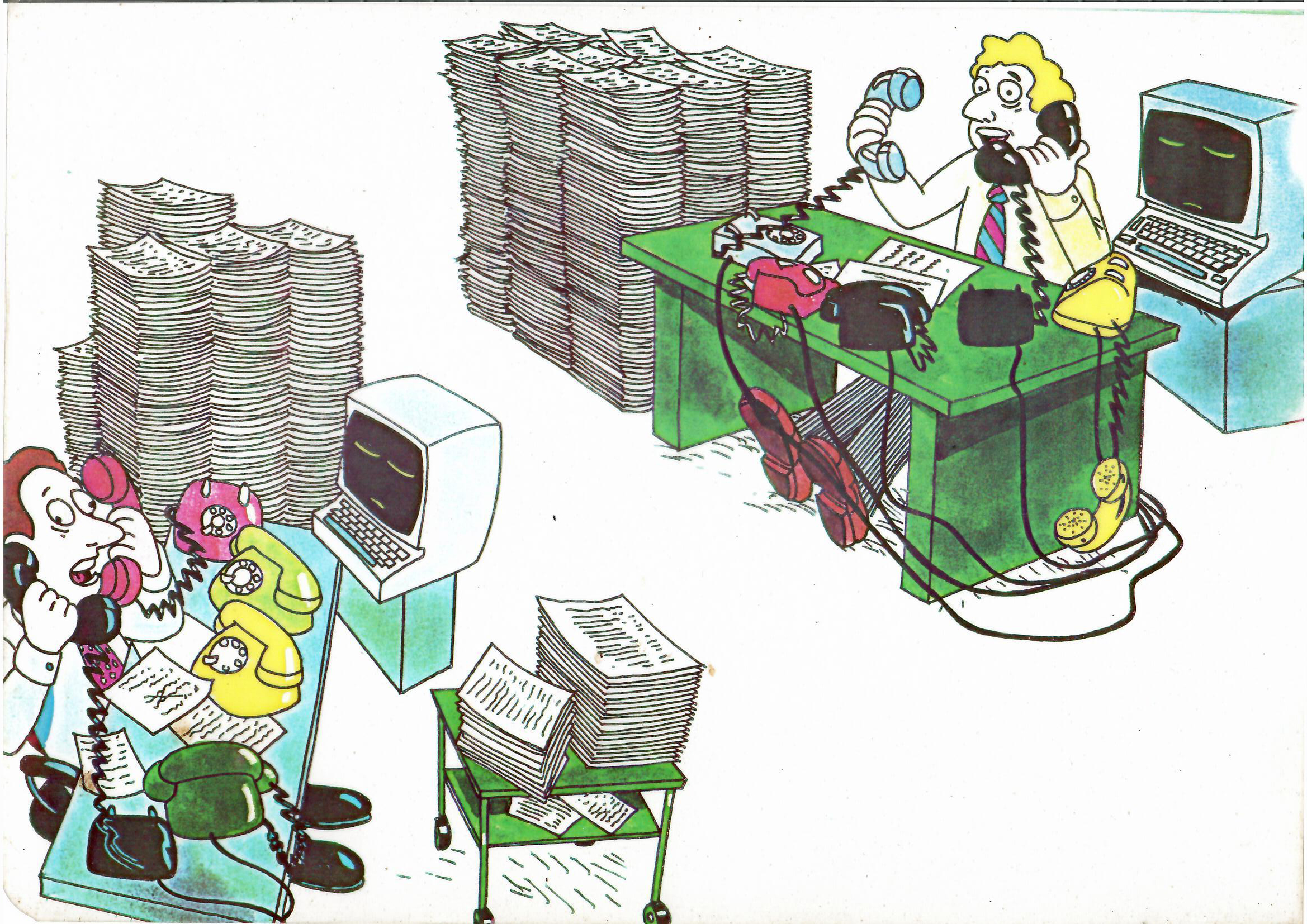 Cartoon office workers juggle telephones at computer desks surrounded by towering stacks of paper.